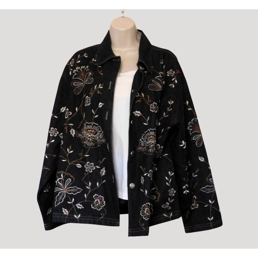 New Direction Embroidered Denim Jacket Large Black Floral Beaded Metal Buttons - Picture 7 of 11